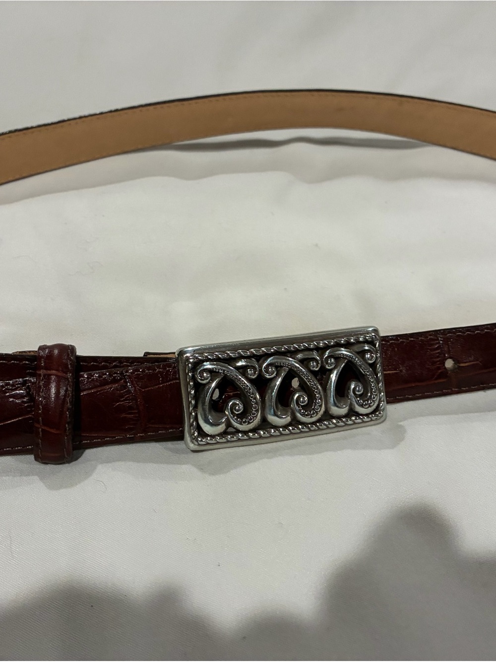 Brighton Croc-Embossed Brown Leather Belt with Decorative Silver Buckle